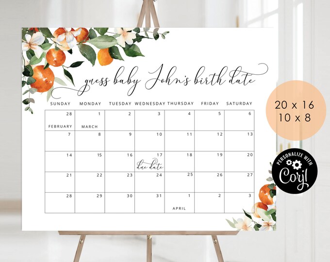 Orange Guess the due Date calendar. Little cutie Guess The Baby Birthday Game. Citrus guess due date sign. Corjl Instant download #or2