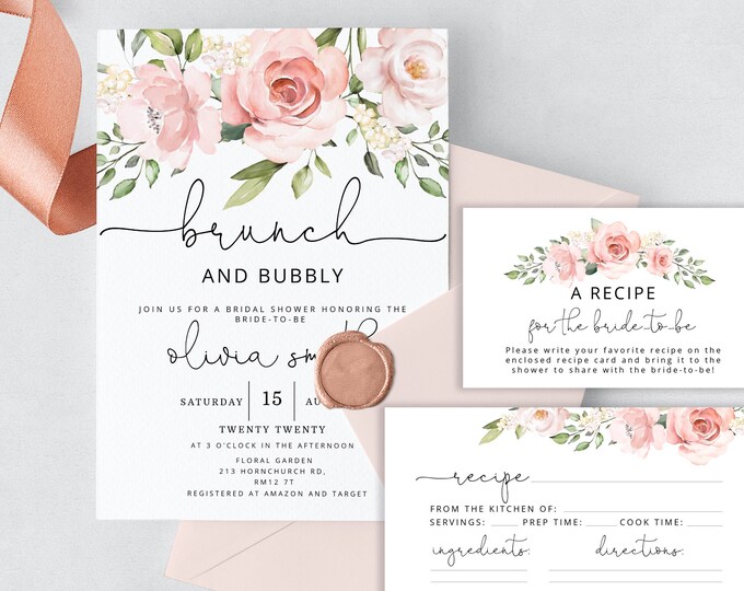 Brunch and Bubbly bridal shower invitation template and recipe card. Floral watercolor Bridal Shower, Bridal Shower recipe card. #BR2