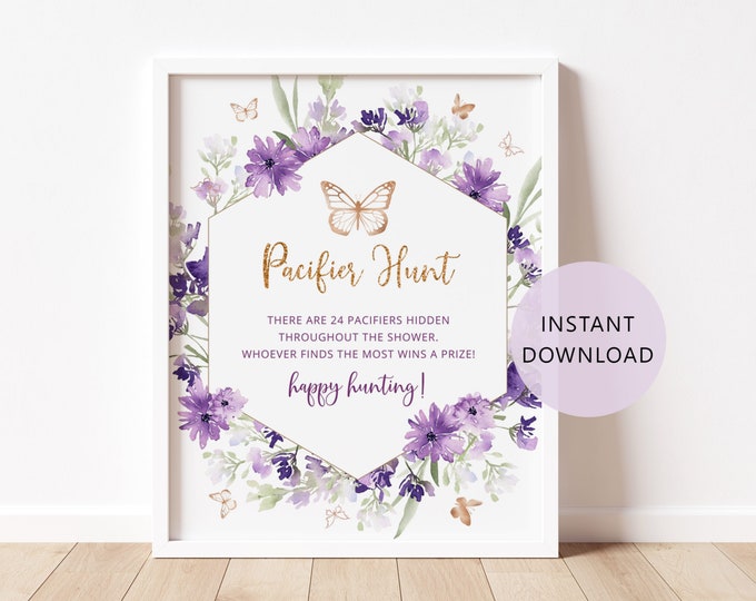 Pacifier Hunt Sign. Purple gold butterfly Pacifier hunt Sign. Butterfly Find The Pacifier Game Printable Instant Download #06