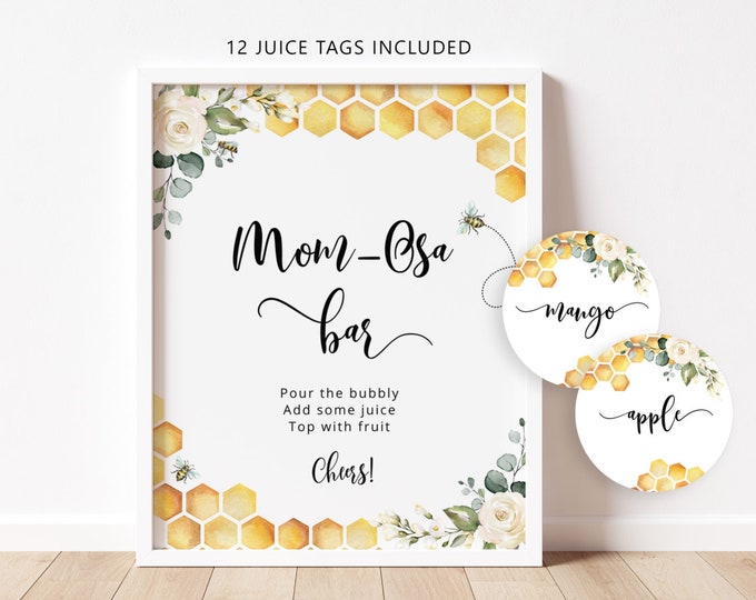 Bee Mom-osa Bar Sign, Bumble bee Bubbly Bar Sign. Sweet as can bee Baby Shower Decoration, Mom-osa bar juice tags #bee