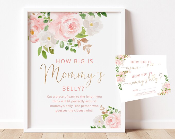 Floral How Big is Mommy's Belly Game. Blush pink gold baby shower games. Belly Guessing Game. Instant Download #fl1