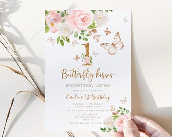 Butterfly Birthday invitation. Butterfly kisses and birthday wishes invite. Blush gold butterfly first birthday invitation #05