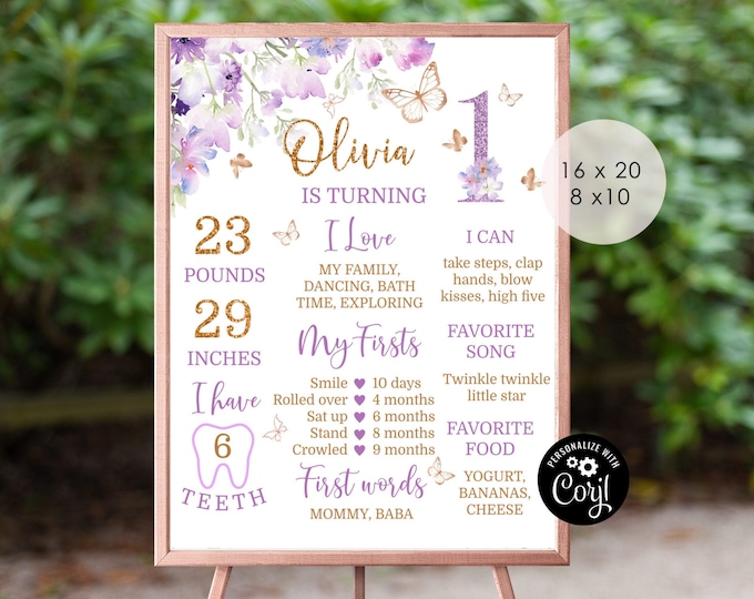 Butterfly Milestones Birthday board. Purple gold butterfly First Birthday Milestone poster. Corjl editable template #06