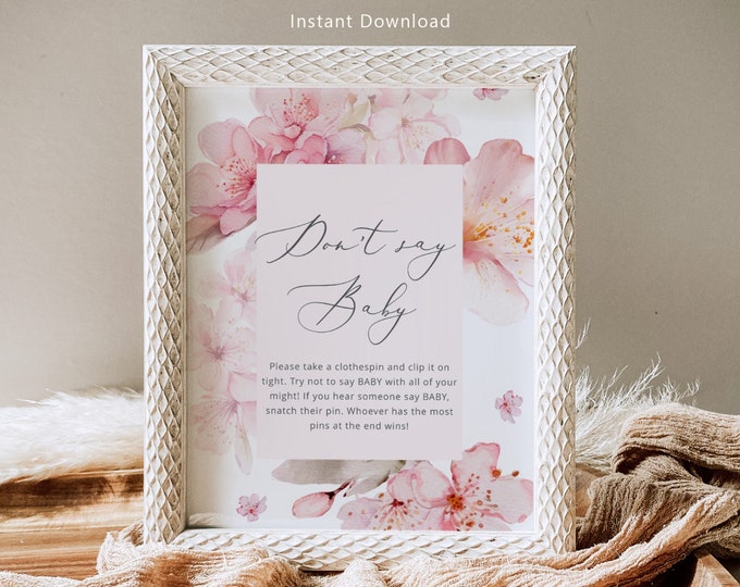 Blush pink Don't say baby game sign. Cherry blossom Don't say baby game. Instant Download #s1