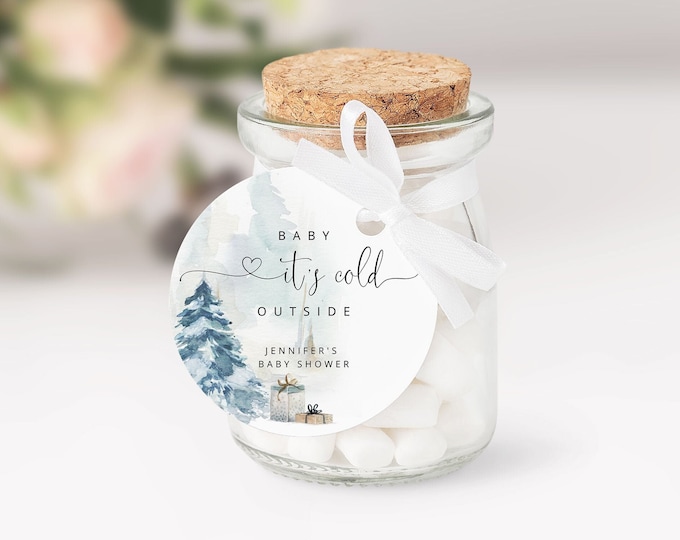 Winter baby shower thank you tag. Baby its cold outside favor tag template.  Editable round favor tag. Coffee cup sticker #ad4