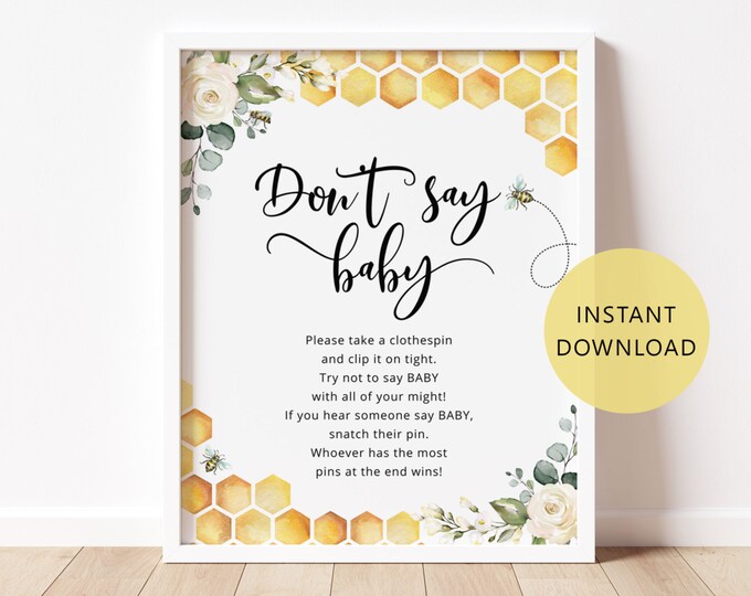Bee Don't say baby game sign. Bumble bee baby shower decor. Honey bee theme baby shower. Instant Download #bee