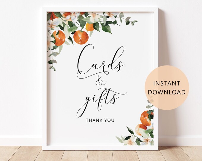 Orange Cards and Gifts Sign in 2 Sizes. Little cutie baby shower Cards & Gifts Sign. Citrus theme  baby shower decor Instant Download or2