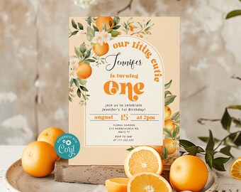 Little cutie 1st birthday invitation. Citrus clementine Editable Little Cutie First Birthday Invitation Corjl editable template #ct1