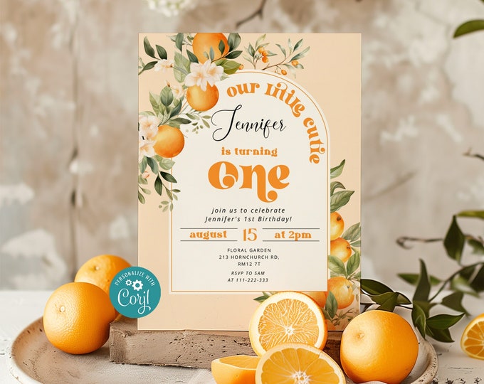 Little cutie 1st birthday invitation. Citrus clementine Editable Little Cutie First Birthday Invitation Corjl editable template #ct1