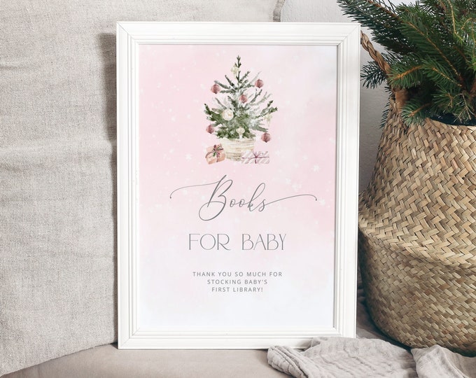 Pink Winter Books for Baby, Baby Shower Book Request Card. Blush pink pine tree Bring A Book Instead of a card. Baby it's cold outside #ad7