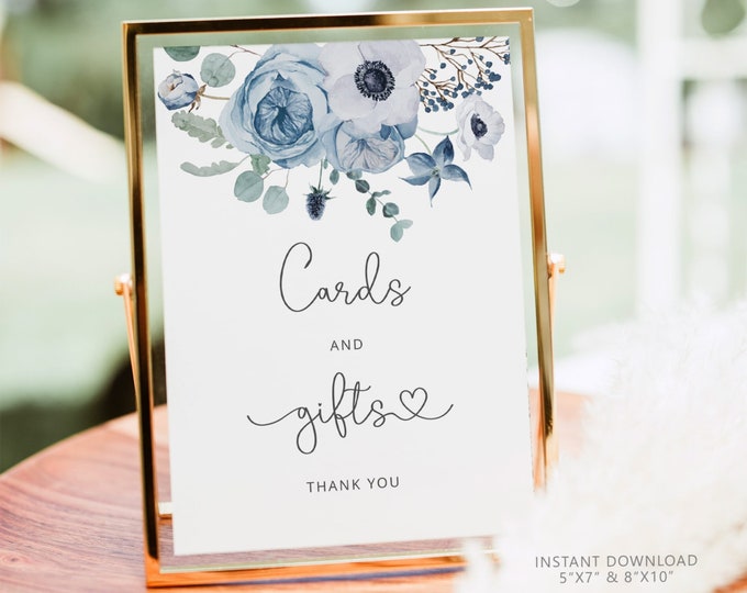 Dusty blue Cards and Gifts Sign in 2 Sizes. Winter Cards & Gifts Sign. Dusty blue bridal shower cards and gifts #dus