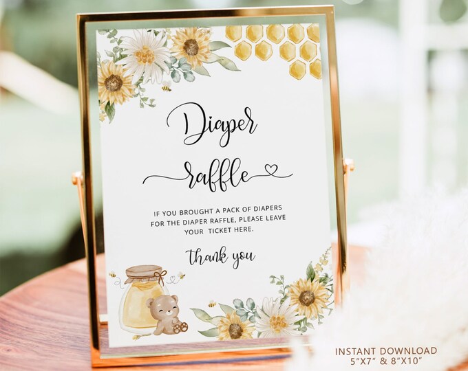 Honey bear diaper raffle sign.  Sunflower Bee diaper raffle. Honey bee baby shower decor Instant Download #hb1