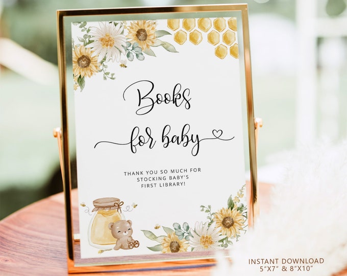Honey bear Books for Baby sign. Sunflower bee Book Request sign. Bring A Book Instead of a card. Bee baby shower decor #hb1