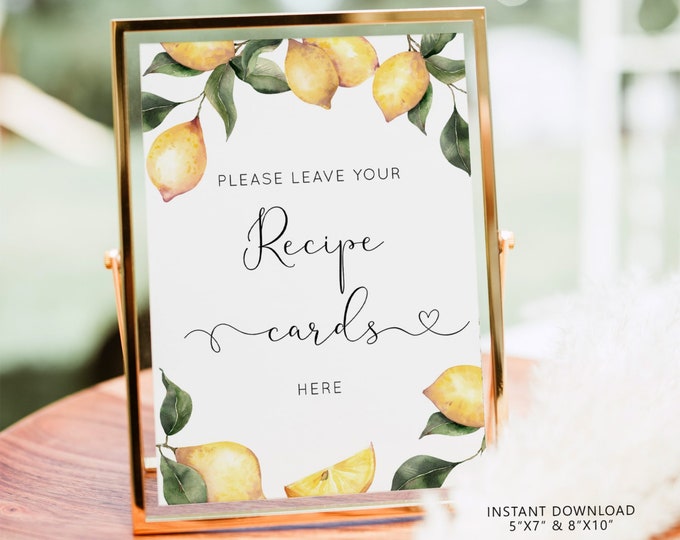 Lemon recipe cards sign. Elegant citrus place your recipe cards here sign. Instant Download #lm1