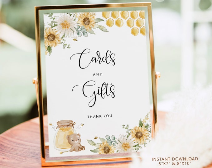 Honey bear Cards and Gifts Sign in 2 Sizes. Sunflower bee baby shower Cards & Gifts Sign Instant Download #hb1