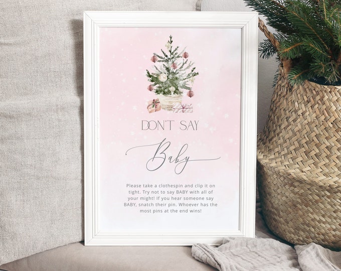Pink Winter Don't say baby game sign. Blush pink dont say baby poster. Winter theme baby shower sign. Instant Download #ad7
