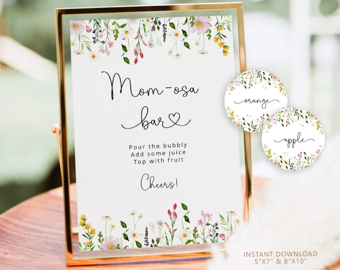 Wildflowers Mom-osa Bar Sign, Floral Bubbly Bar Sign. Spring floral Baby Shower Decoration Signs, Summer floral momosa bar juice tags #wl1