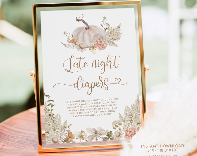 Pumpkin Late Night Diapers Sign. Boho Pumpkin Baby Shower Diapers Thoughts Game. Pumpkin Printable Diaper Game Instant Download #p8