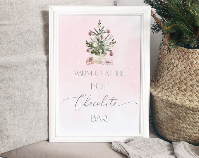 Hot chocolate bar Sign. Blush pink Warm up at the Hot Chocolate bar Sign. Winter baby shower decoration. Instant Download #ad7