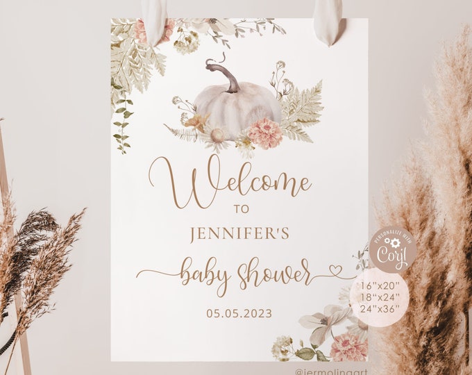 Boho pumpkin baby shower welcome sign. Pampas grass little pumpkin welcome sign template. Corjl Printable. Instant Download #p8