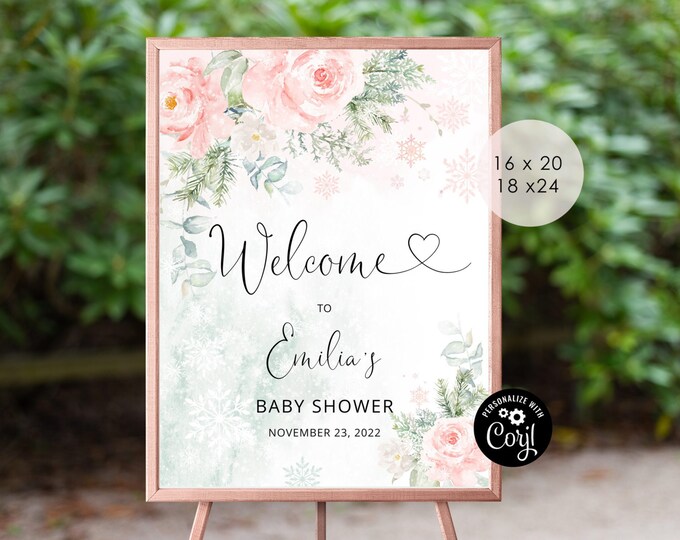 Winter baby shower welcome sign. Blush pink winter welcome sign #wb5