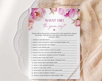 Fuchsia What did the groom say game. Elegant petals What did he say Bridal Shower Game. Petals and prosecco game Instant Download #pet1