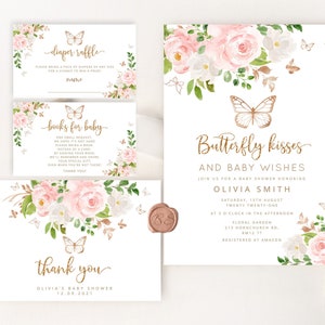 Sjabloon voor vlinder baby shower uitnodiging. Blozen gouden vlinder baby shower uitnodiging bundel. Vlinderkusjes en babywensen nodigen #05 uit