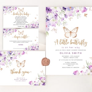 Butterfly Baby Shower Uitnodiging sjabloon. Lila gouden vlinder babyshower uitnodigingsbundel. Vlinderkusjes en babywensen nodigen uit #06