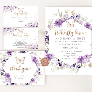 Plantilla de invitación de baby shower de mariposa. Paquete de invitación para baby shower de mariposa morada. Besos de mariposa y deseos de bebé invitan #06