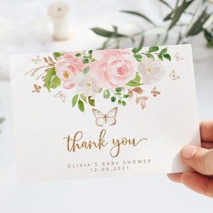 Butterfly Dank u kaart afdrukbare sjabloon. Gouden blush Meisje babyshower bedankkaart. Gouden blush roze babyshower. Direct downloaden #05