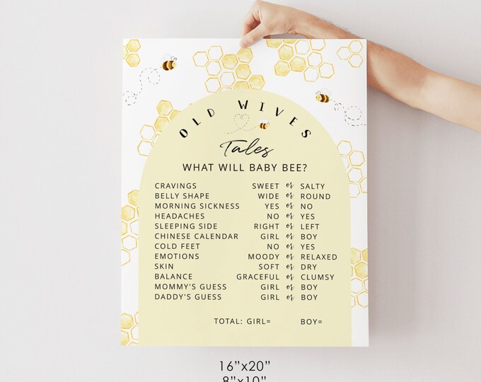 Bee Old Wives Tales Sign, Bee Gender Reveal Sign, Bee Gender Reveal Printable Party Sign, He or She gender reveal. Instant download #be1