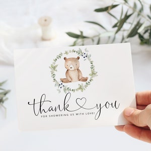 Draag dank u kaarten afdrukbare sjabloon.  Woodland bedankkaartje. Groen kleine beer Thank You Card. #w1