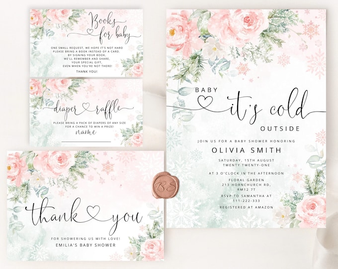 Baby its cold outside Baby Shower Invitation bundle.  Winter blush Girl Baby Shower Invitation set  #wb5