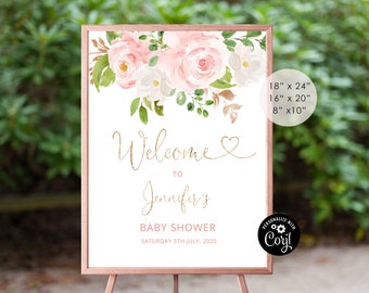 Blush pink baby shower welcome sign.  Editable girl baby shower welcome sign template. Blush pink and gold baby shower. Corjl #fl1