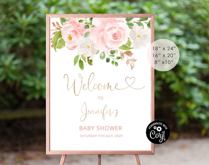 Blush pink baby shower welcome sign.  Editable girl baby shower welcome sign template. Blush pink and gold baby shower. Corjl #fl1