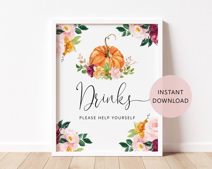 Pumpkin Drinks help yourself Sign Printable. Burgundy fall baby shower Drrinks sign. Instant Download #p2