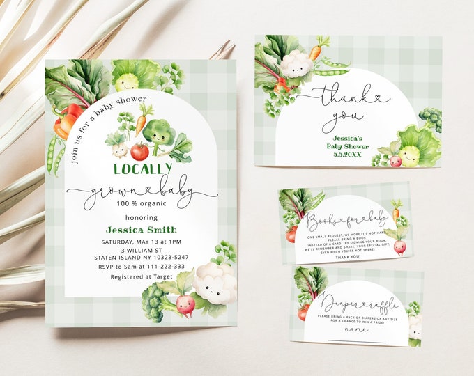 Locally grown baby shower invitation bundle. Editable Farmer's market baby shower invitation template Corjl. Locally grown baby #loc1