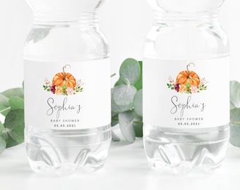 Pumpkin Baby Shower Water Bottle Labels, Fall Water Bottle Labels. Editable Fall Pumpkin water bottle label.  Corjl template #p2