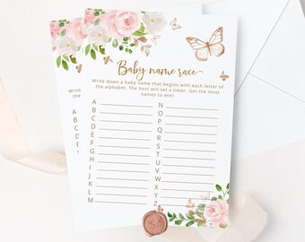 Baby name race Baby Shower Game. Blush gold butterfly baby name race game. Guessing Game.  Instant Download #05