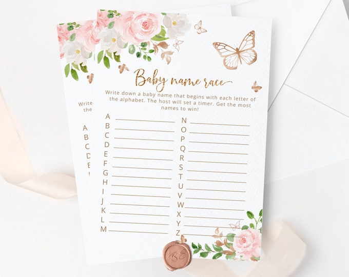 Baby name race Baby Shower Game. Blush gold butterfly baby name race game. Guessing Game.  Instant Download #05