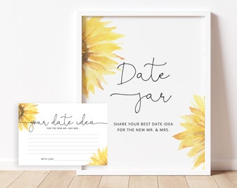 Date Jar Game. Sunflower Date Jar Sign, Date Ideas Cards. Date Night Bridal Shower Games. Sunflower Bachelorette Party Game #sun1
