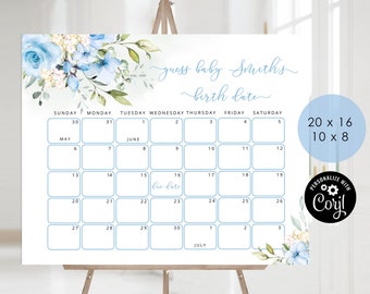 Guess the due Date calendar. Floral boy Guess The Baby Birthday Game. Floral blue Baby Shower Due Date Prediction #fl3