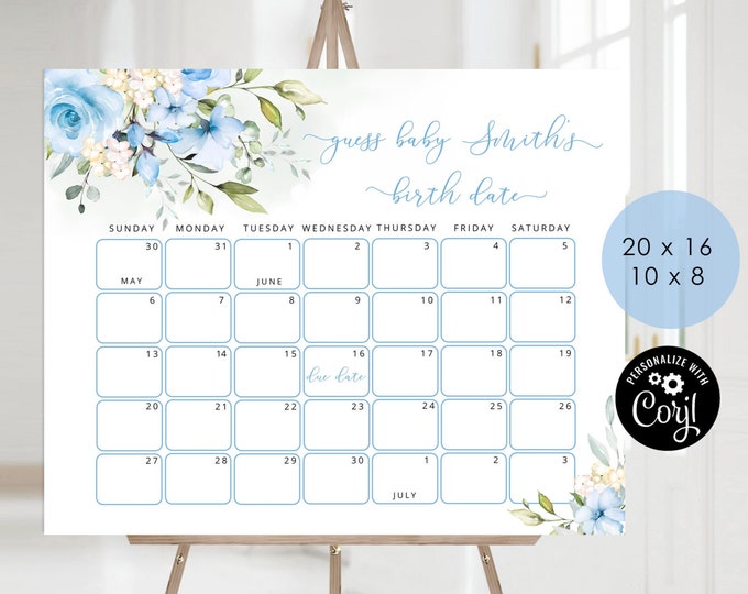 Guess the due Date calendar. Floral boy Guess The Baby Birthday Game. Floral blue Baby Shower Due Date Prediction #fl3