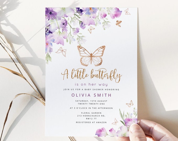 Butterfly baby shower Invitation template. Lilac gold Baby girl Shower Invitation. Butterfly kisses and baby wishes baby shower #06