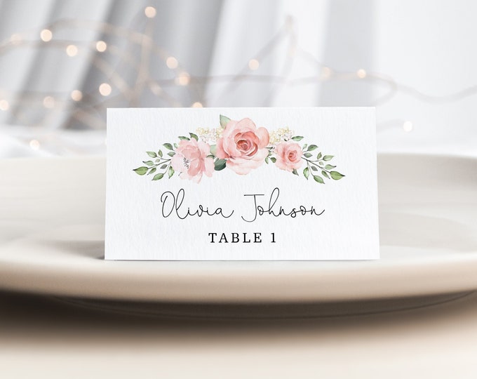 Floral Place Cards Template. Blush Floral Printable Place Card. Wedding Name Cards  Editable Corjl template #br2