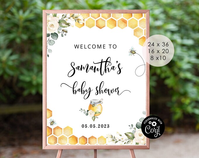 Bee baby shower welcome sign.  Sweet as can bee baby shower welcome sign template. Mommy to bee welcome sign #bee