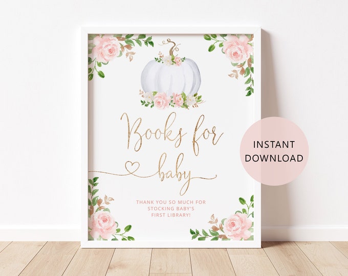Blush Pumpkin Books for Baby, Baby Shower Book Request Card, Fall Book Request sign, Bring A Book Instead of a card. Pumpkin baby shower #p3