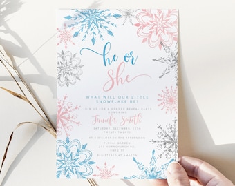 Winter Gender Reveal Party invitation. Snowflake gender reveal invitation. He or she, blue or pink silver gender reveal invitation. #sn3