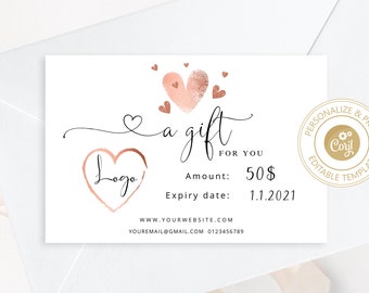 Editable Gift Certificate Template. Valentines day gift certificate. Rose gold hearts gift voucher template. Corjl printable