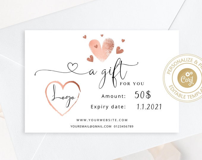 Editable Gift Certificate Template. Valentines day gift certificate. Rose gold hearts gift voucher template. Corjl printable